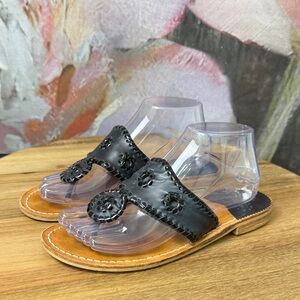 Jack Rogers Black Leather Floral Cutout Toe-Loop Sandals